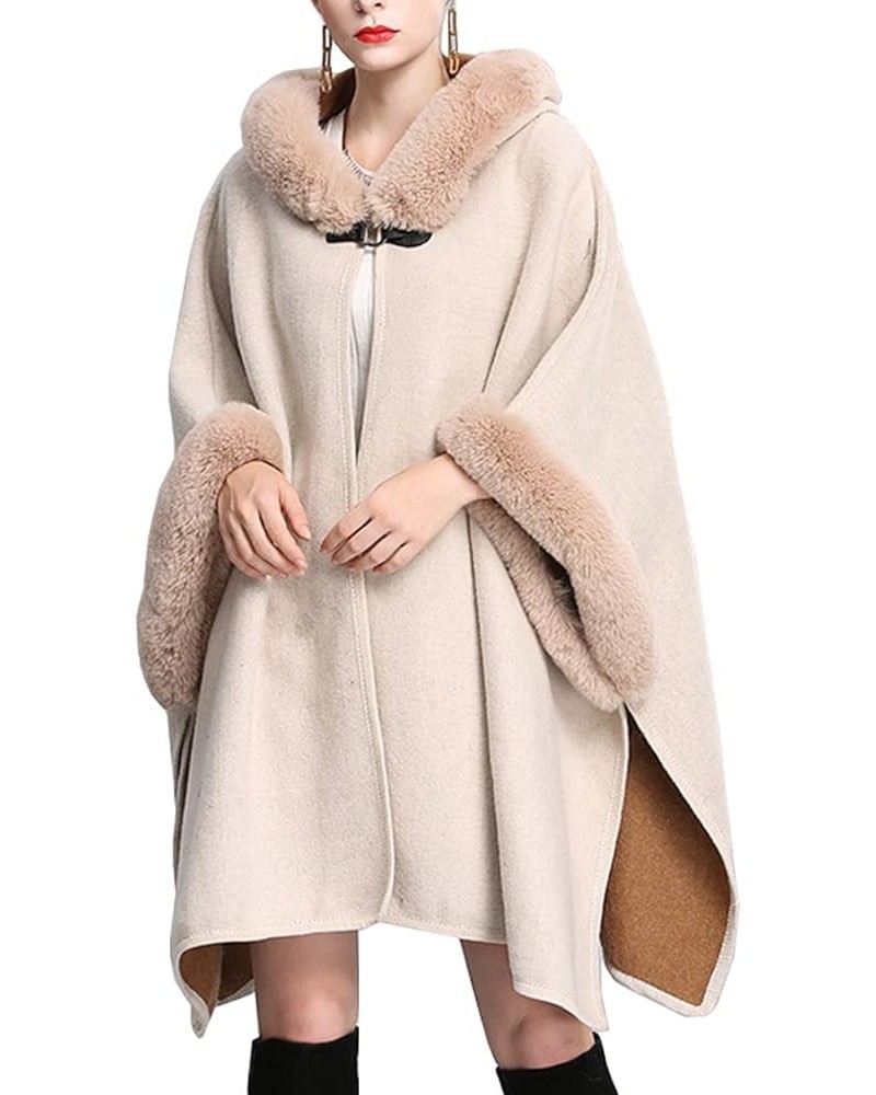 Women's Bridal Batwing Sleeve Plaid Faux Fur Hooded Cloak Poncho Sweater Cape Shacket Coat Beige $27.92 Coats