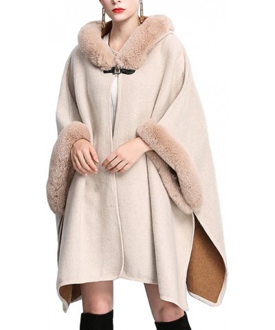 Women's Bridal Batwing Sleeve Plaid Faux Fur Hooded Cloak Poncho Sweater Cape Shacket Coat Beige $27.92 Coats