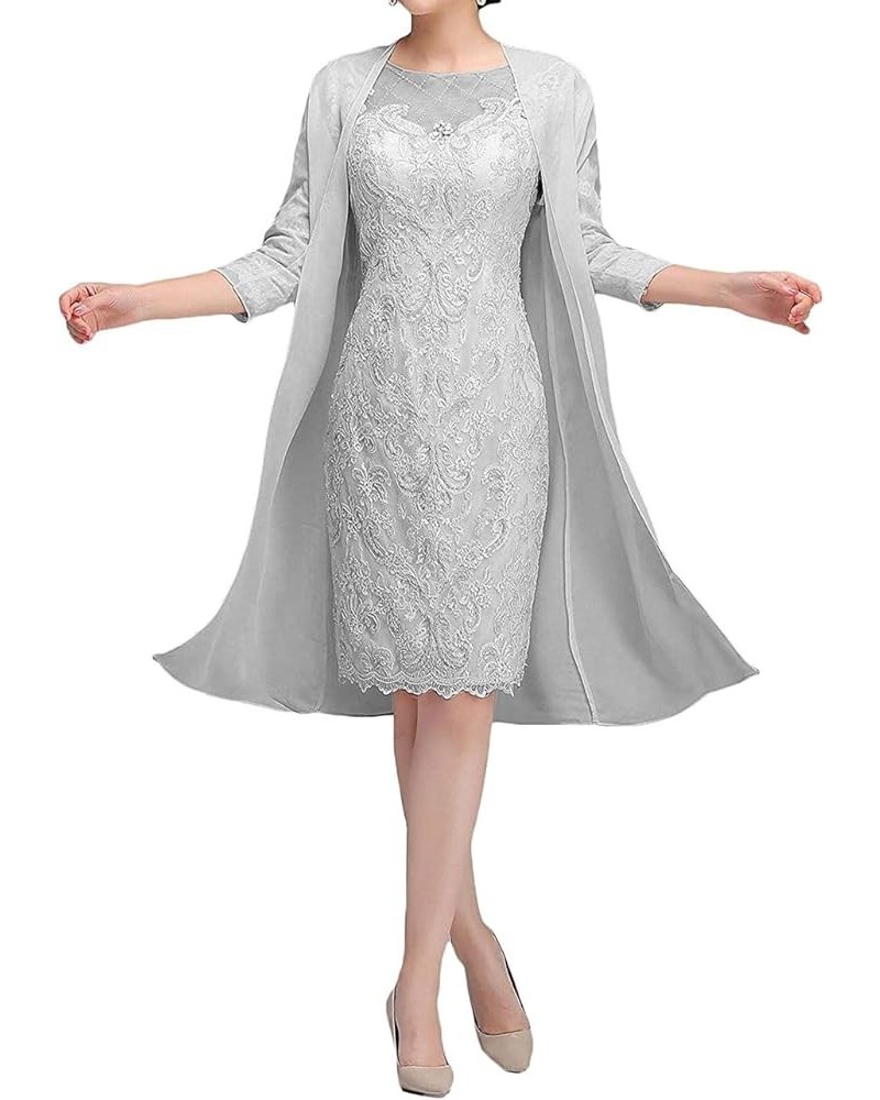 Mother of The Bride Dresses Short Evening Formal Dress Lace Appliques Modest Wedding Guest Groom Dress Jacket Women's Silver ...