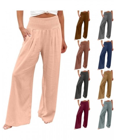 Women Linen Palazzo Pants Summer 2023 Boho Wide Leg High Waist Casual Flowy Lounge Pant Trousers with Pocket M07-pink $6.66 P...