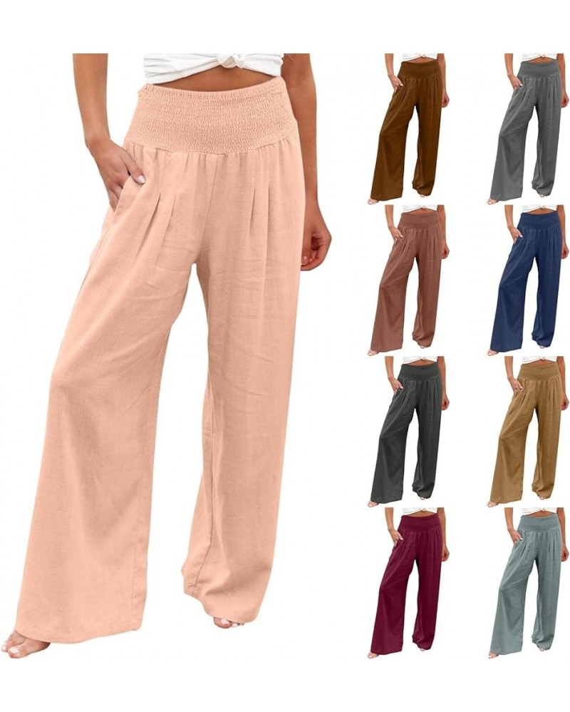 Women Linen Palazzo Pants Summer 2023 Boho Wide Leg High Waist Casual Flowy Lounge Pant Trousers with Pocket M07-pink $6.66 P...