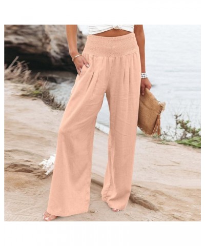 Women Linen Palazzo Pants Summer 2023 Boho Wide Leg High Waist Casual Flowy Lounge Pant Trousers with Pocket M07-pink $6.66 P...