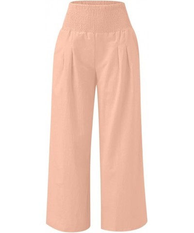 Women Linen Palazzo Pants Summer 2023 Boho Wide Leg High Waist Casual Flowy Lounge Pant Trousers with Pocket M07-pink $6.66 P...