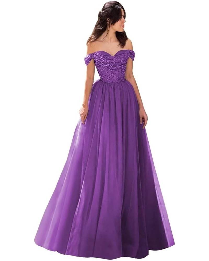 Off Shoulder Sequin Prom Dresses Tulle Ball Gowns Sparkly A Line Formal Evening Gowns for Women Purple $35.28 Dresses