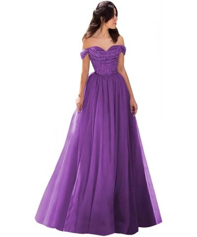 Off Shoulder Sequin Prom Dresses Tulle Ball Gowns Sparkly A Line Formal Evening Gowns for Women Purple $35.28 Dresses