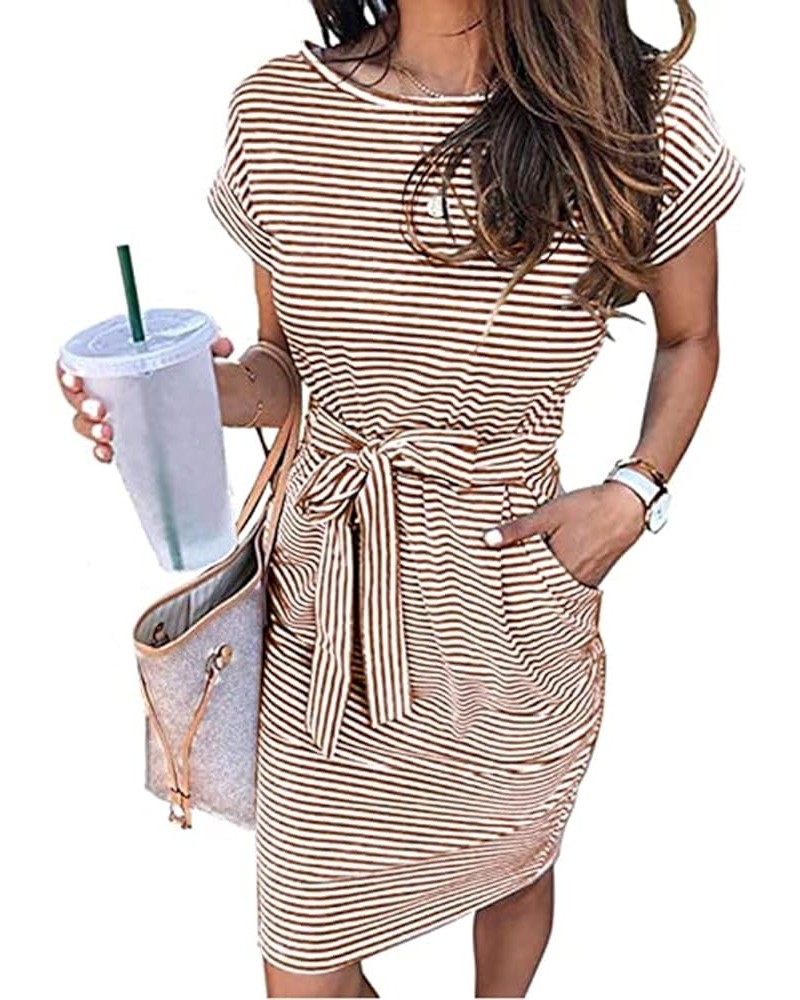 Beach Dresses for Women Summer Striped T Shirt Dress Casual Tie Waist Mini Dresses Hide Belly Work Dress with Pockets Orange ...