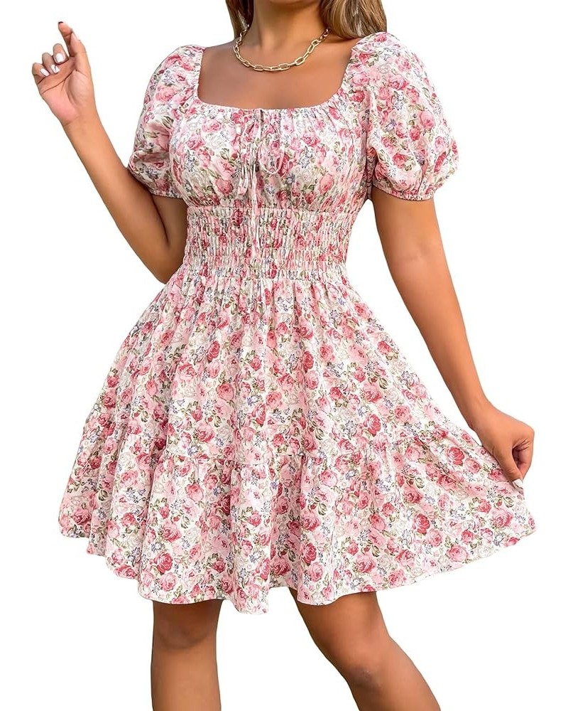 Women's Boho Square Neck Puff Short Sleeve Self Tie Front A Line Dress A Pink $15.58 Blouses