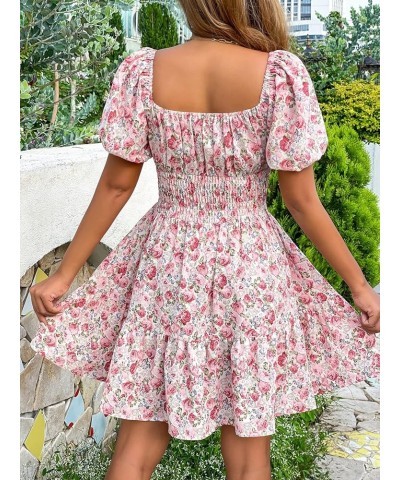 Women's Boho Square Neck Puff Short Sleeve Self Tie Front A Line Dress A Pink $15.58 Blouses