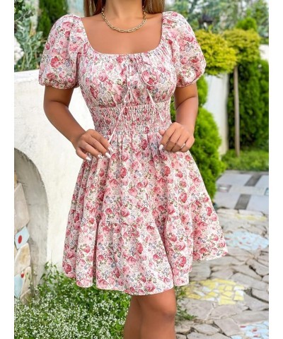 Women's Boho Square Neck Puff Short Sleeve Self Tie Front A Line Dress A Pink $15.58 Blouses