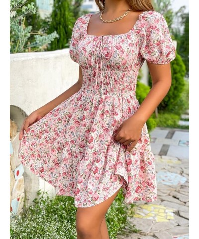 Women's Boho Square Neck Puff Short Sleeve Self Tie Front A Line Dress A Pink $15.58 Blouses