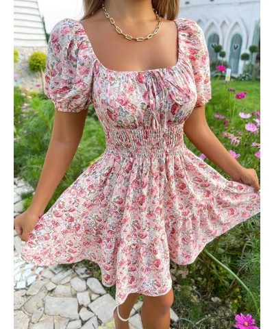 Women's Boho Square Neck Puff Short Sleeve Self Tie Front A Line Dress A Pink $15.58 Blouses