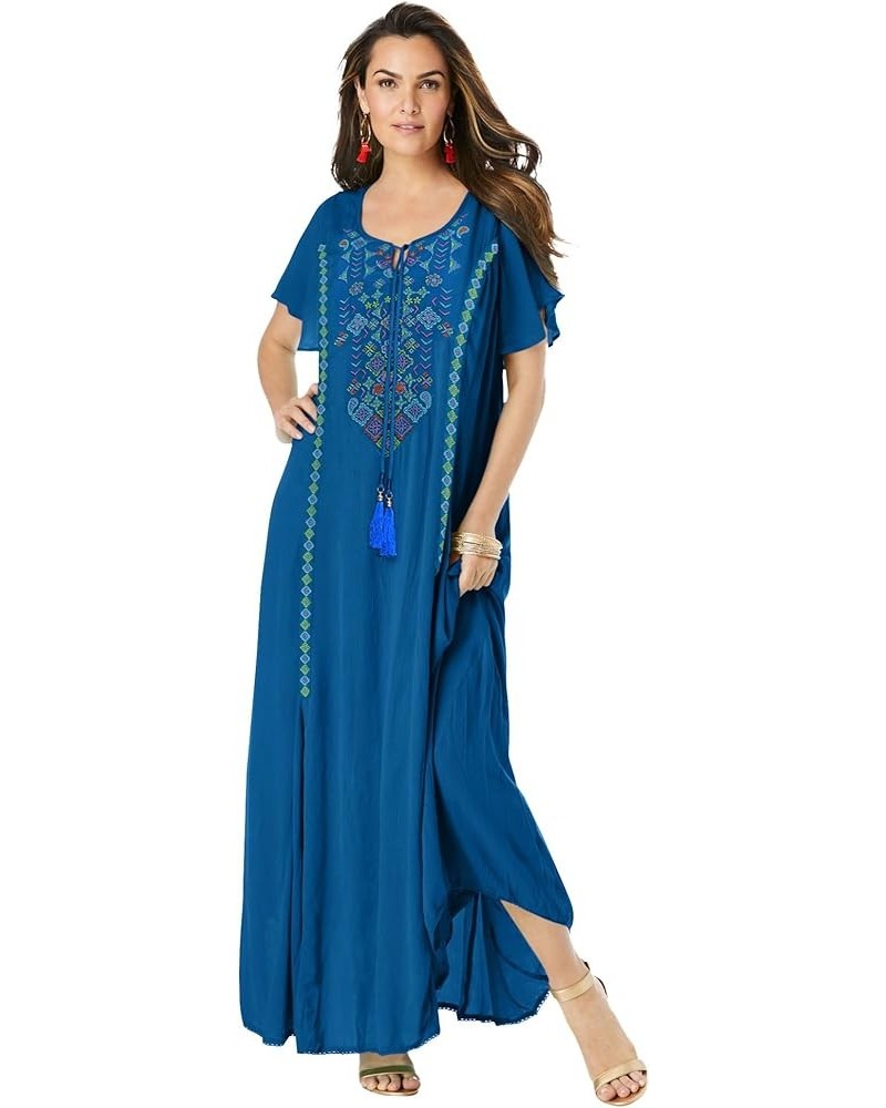 Women's Plus Size A-Line Embroidered Crinkle Maxi Blue Folk Embroidery $39.54 Dresses