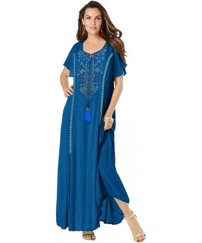 Women's Plus Size A-Line Embroidered Crinkle Maxi Blue Folk Embroidery $39.54 Dresses