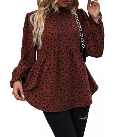 Women's Casual Long Sleeve Shirt Dalmatian Print Mock Neck Ruffle Peplum Blouse Tops Brown $19.79 Blouses