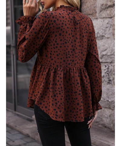 Women's Casual Long Sleeve Shirt Dalmatian Print Mock Neck Ruffle Peplum Blouse Tops Brown $19.79 Blouses