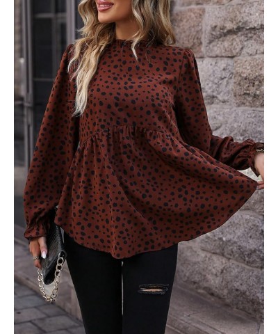 Women's Casual Long Sleeve Shirt Dalmatian Print Mock Neck Ruffle Peplum Blouse Tops Brown $19.79 Blouses