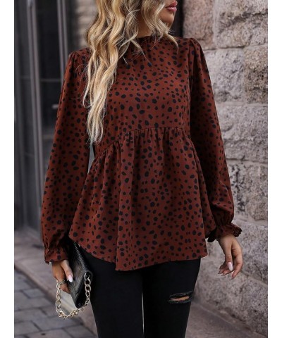 Women's Casual Long Sleeve Shirt Dalmatian Print Mock Neck Ruffle Peplum Blouse Tops Brown $19.79 Blouses