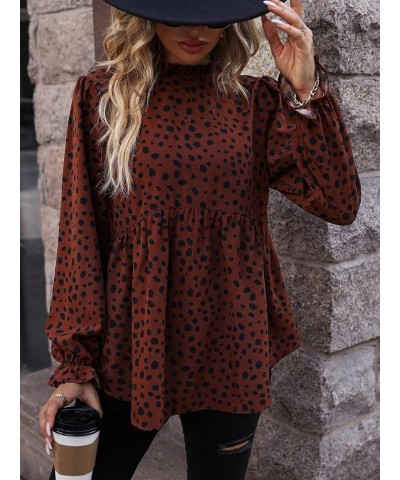 Women's Casual Long Sleeve Shirt Dalmatian Print Mock Neck Ruffle Peplum Blouse Tops Brown $19.79 Blouses