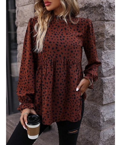 Women's Casual Long Sleeve Shirt Dalmatian Print Mock Neck Ruffle Peplum Blouse Tops Brown $19.79 Blouses