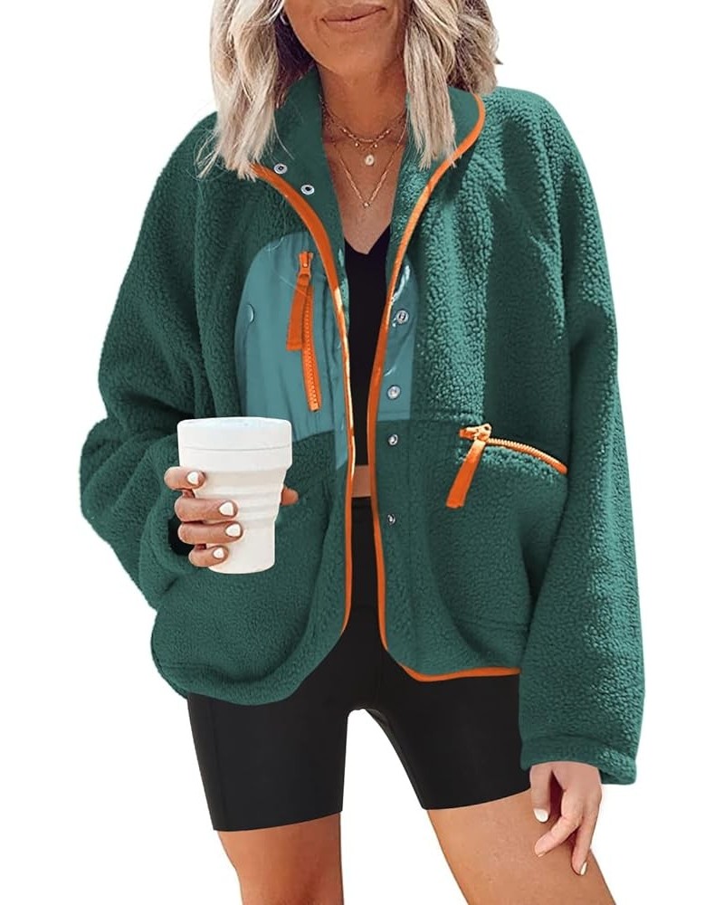 Womens Fuzzy Fleece Jacket Button Down Shacket Casual Sherpa Coats Warm Outwear With Pockets A1-teal Orange $29.57 Jackets