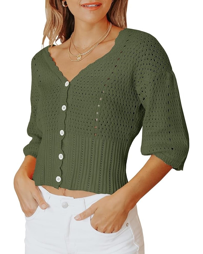 Womens 3/4 Sleeve Cropped Sweaters Button Knit Bolero Cardigan Lightweight Crochet Crop Short Sweater Shrug Cover Up Green $1...