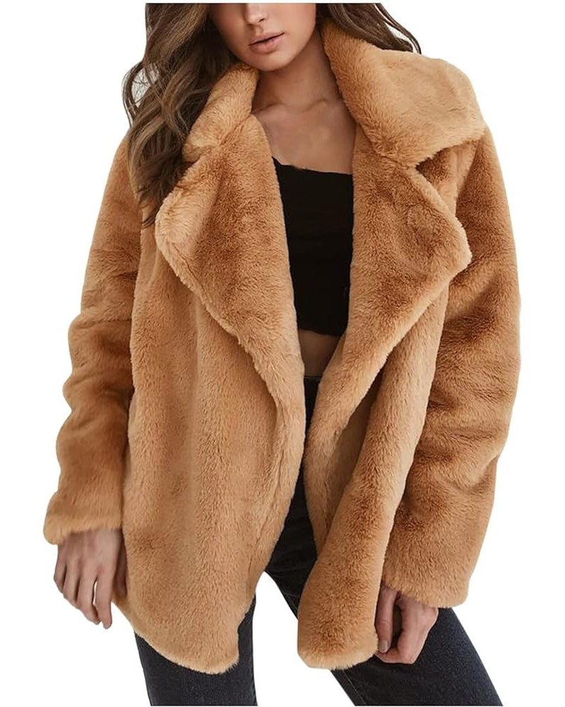 BCDshop Women's Lapel Faux Fur Button Warm Winter Coat Outwear Casual Pockets Fuzzy Jacket Khaki $10.66 Jackets