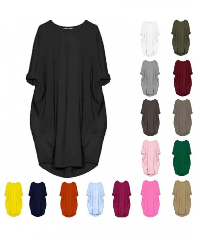 Plus Size Dresses for Curvy Women Casual Roll-Up Oversized Tunic Dress Loose Baggy Tshirt Midi Derss Tops with Pockets Black ...