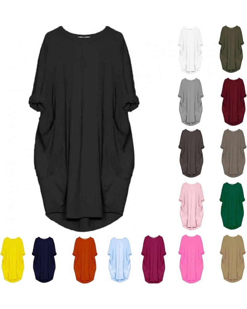 Plus Size Dresses for Curvy Women Casual Roll-Up Oversized Tunic Dress Loose Baggy Tshirt Midi Derss Tops with Pockets Black ...