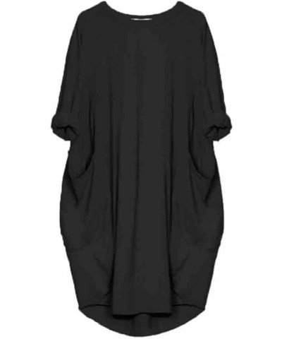 Plus Size Dresses for Curvy Women Casual Roll-Up Oversized Tunic Dress Loose Baggy Tshirt Midi Derss Tops with Pockets Black ...