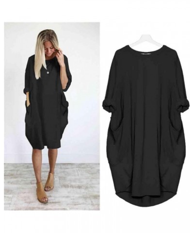 Plus Size Dresses for Curvy Women Casual Roll-Up Oversized Tunic Dress Loose Baggy Tshirt Midi Derss Tops with Pockets Black ...