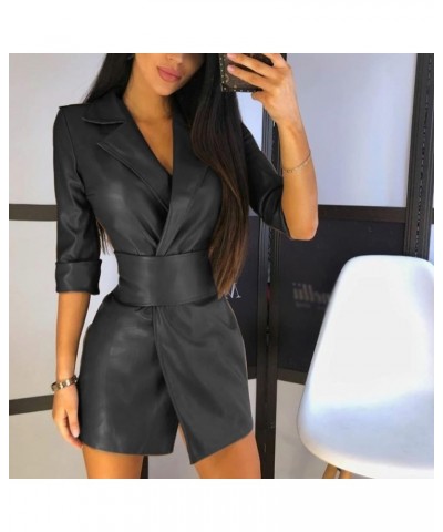 Women's Faux Leather Blazer Cocktail Dress Long Sleeve Wrap V Neck Peak Lapel Collar Irregular Hem A Line Bodycon Dress Black...