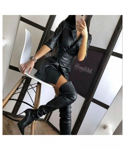 Women's Faux Leather Blazer Cocktail Dress Long Sleeve Wrap V Neck Peak Lapel Collar Irregular Hem A Line Bodycon Dress Black...