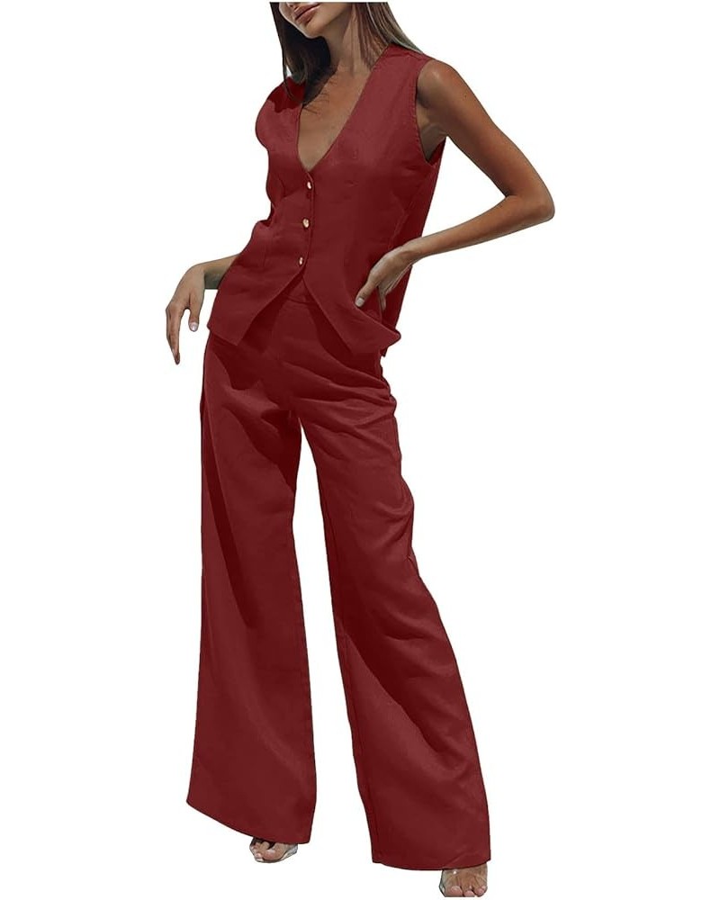 2 Piece Outfits for Women 2023 Summer Casual Linen Sets Button V Neck Sleeveless Vest Tops and Wide Leg Pants Set Wine $9.03 ...