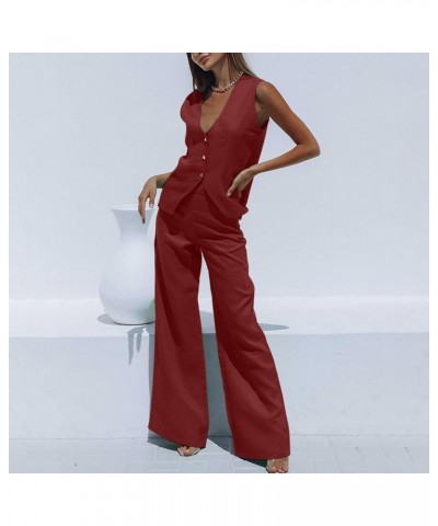 2 Piece Outfits for Women 2023 Summer Casual Linen Sets Button V Neck Sleeveless Vest Tops and Wide Leg Pants Set Wine $9.03 ...