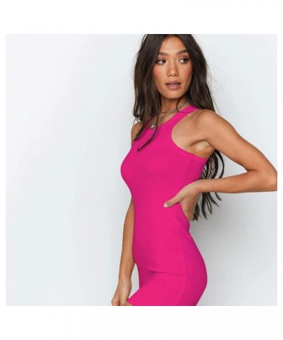 Women Solid Sleeveless Ribbed Knit Bodycon Dress Slim Racerback Tight Elastic Mini Tank Dress Hot Pink $14.49 Dresses