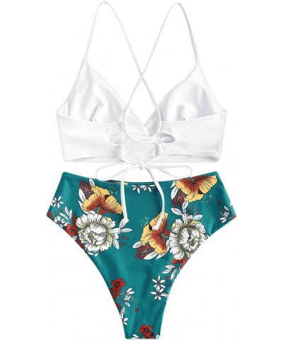 Women's Plunging Neck Floral Surplice High Cut Two Piece Tankini Swimsuit Z-1-deep Green $18.58 Swimsuits