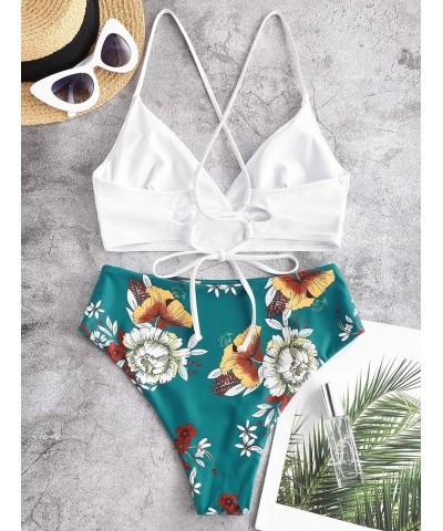 Women's Plunging Neck Floral Surplice High Cut Two Piece Tankini Swimsuit Z-1-deep Green $18.58 Swimsuits