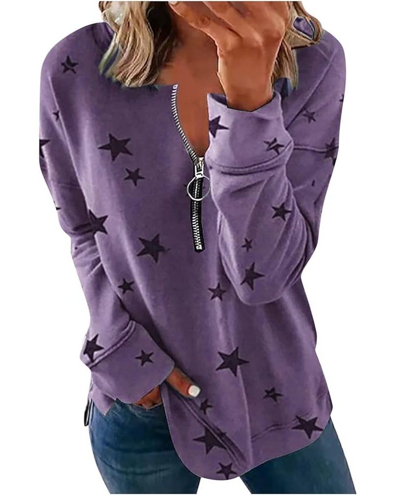 Sweatshirt for Women,Half Zip Star Print T Shirts Long Sleeve V Neck Pullover Casual Graphic Blouse Loose Sweater Purple_23n1...