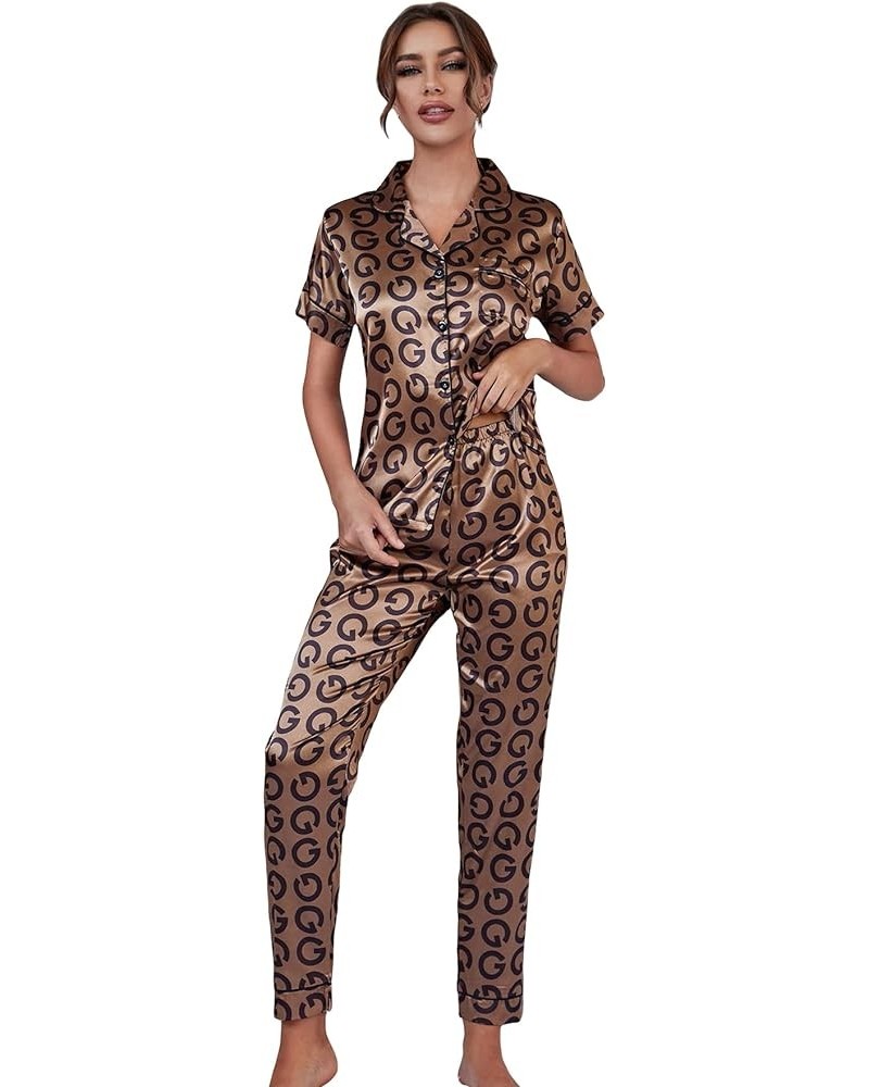 Women's 2 Piece Sleepwear Striped Satin Short Sleeve Shirt and Pants Pajama Set Allover Letter Brown $15.19 Sleep & Lounge