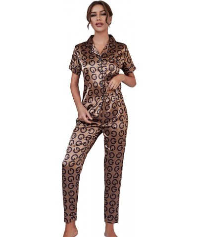 Women's 2 Piece Sleepwear Striped Satin Short Sleeve Shirt and Pants Pajama Set Allover Letter Brown $15.19 Sleep & Lounge