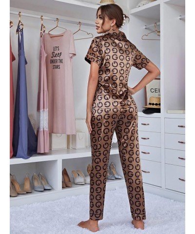 Women's 2 Piece Sleepwear Striped Satin Short Sleeve Shirt and Pants Pajama Set Allover Letter Brown $15.19 Sleep & Lounge