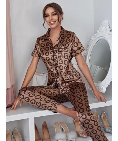 Women's 2 Piece Sleepwear Striped Satin Short Sleeve Shirt and Pants Pajama Set Allover Letter Brown $15.19 Sleep & Lounge