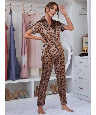 Women's 2 Piece Sleepwear Striped Satin Short Sleeve Shirt and Pants Pajama Set Allover Letter Brown $15.19 Sleep & Lounge