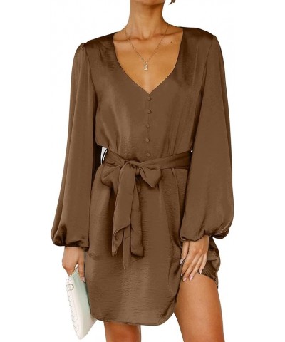 2023 Women's Long Puff Sleeve Satin Dress Casual V Neck Belted Short Spring Summer Party Cocktail Mini Dresses Solid Brown $1...