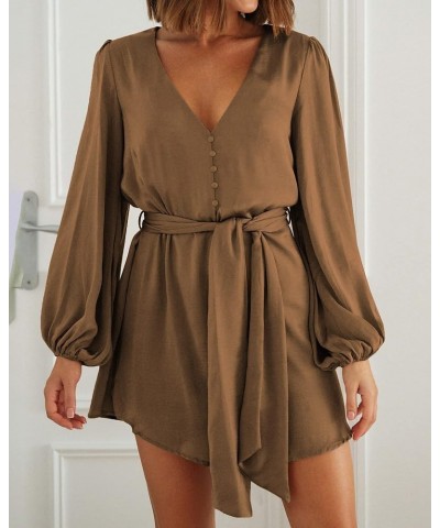 2023 Women's Long Puff Sleeve Satin Dress Casual V Neck Belted Short Spring Summer Party Cocktail Mini Dresses Solid Brown $1...