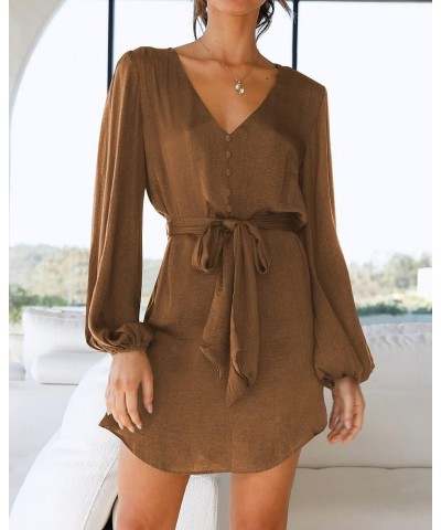 2023 Women's Long Puff Sleeve Satin Dress Casual V Neck Belted Short Spring Summer Party Cocktail Mini Dresses Solid Brown $1...