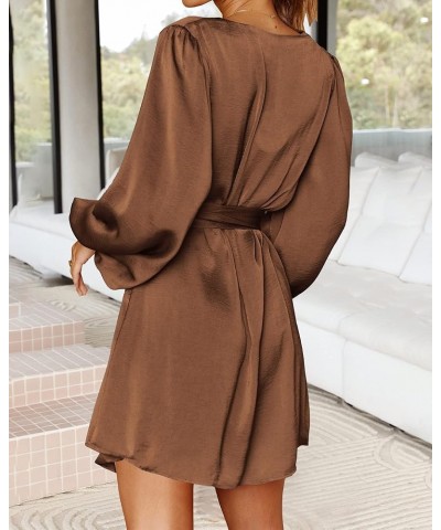 2023 Women's Long Puff Sleeve Satin Dress Casual V Neck Belted Short Spring Summer Party Cocktail Mini Dresses Solid Brown $1...