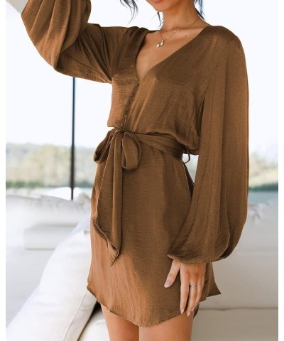 2023 Women's Long Puff Sleeve Satin Dress Casual V Neck Belted Short Spring Summer Party Cocktail Mini Dresses Solid Brown $1...