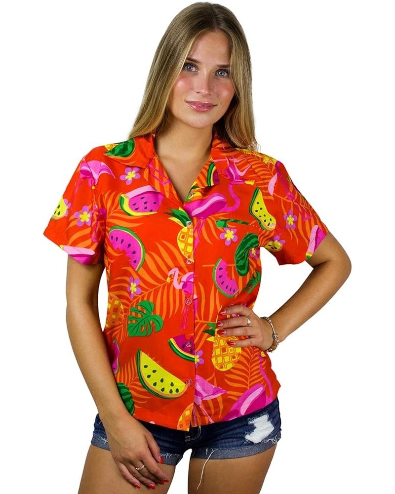 Funky Casual Hawaiian Blouse Shirt for Women Front Pocket Button Down Very Loud Shortsleeve Small Flower Print Orange $14.81 ...