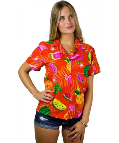 Funky Casual Hawaiian Blouse Shirt for Women Front Pocket Button Down Very Loud Shortsleeve Small Flower Print Orange $14.81 ...